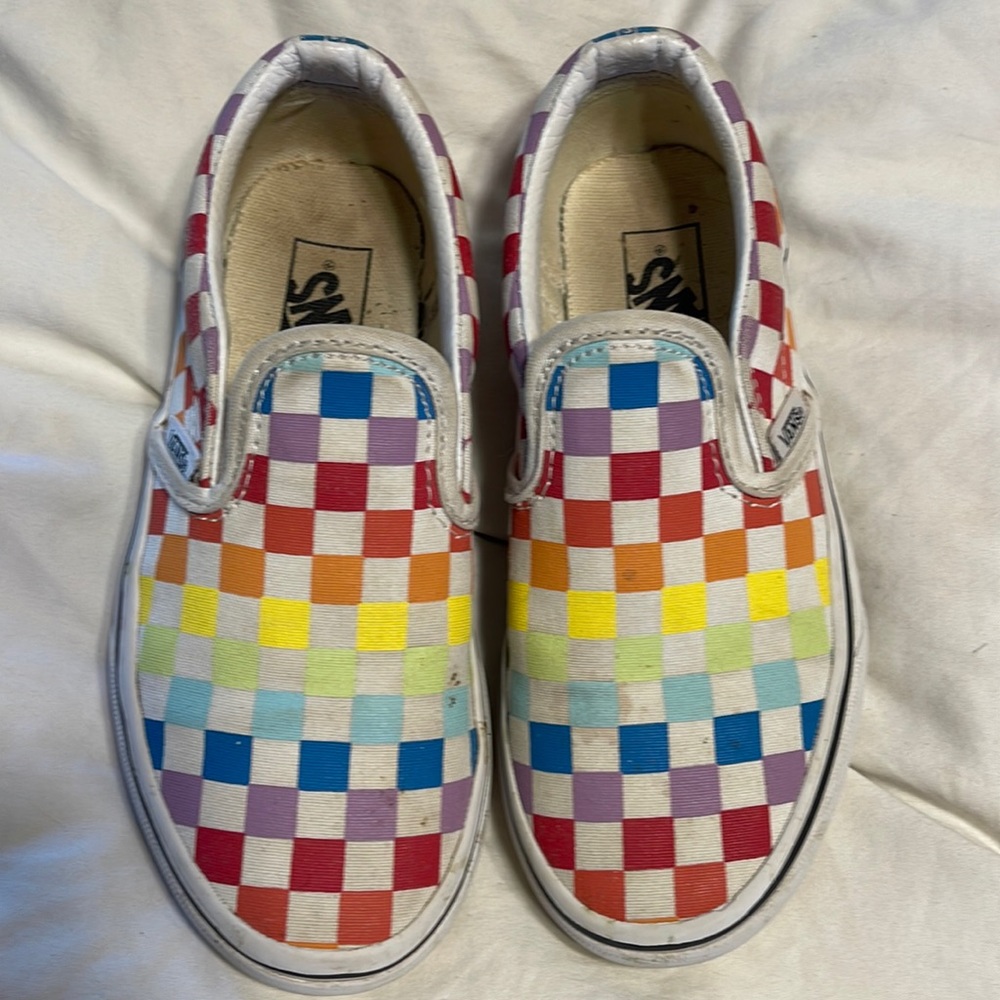 Kids 13.5 classic rainbow checkered slip ons